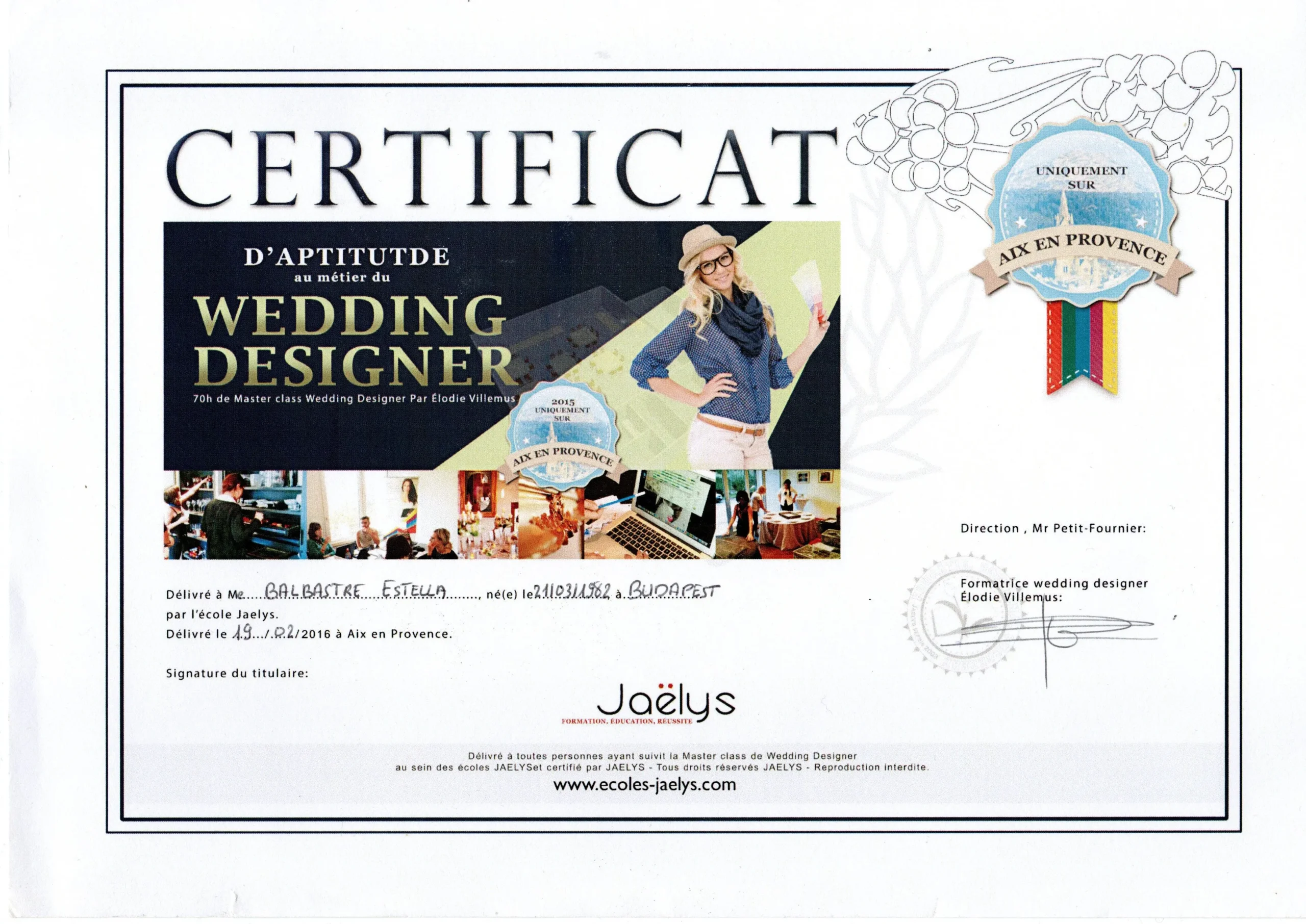 Certificat Wedding Designer